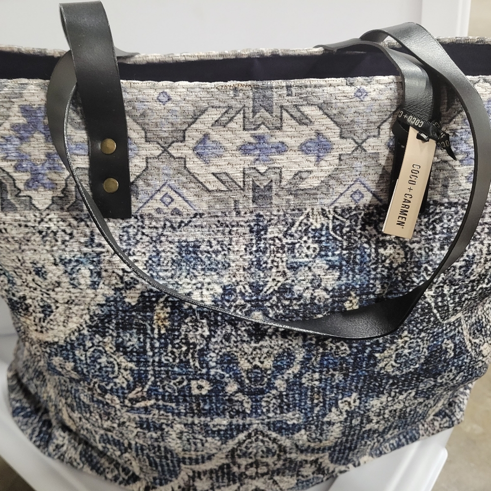 Blue and Gray Textured Carpet Bag Tote - Picture 6 of 6